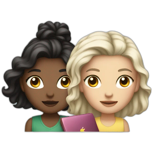 two girls, one with dark hair, the other with light hair, are standing behind macbooks emoji