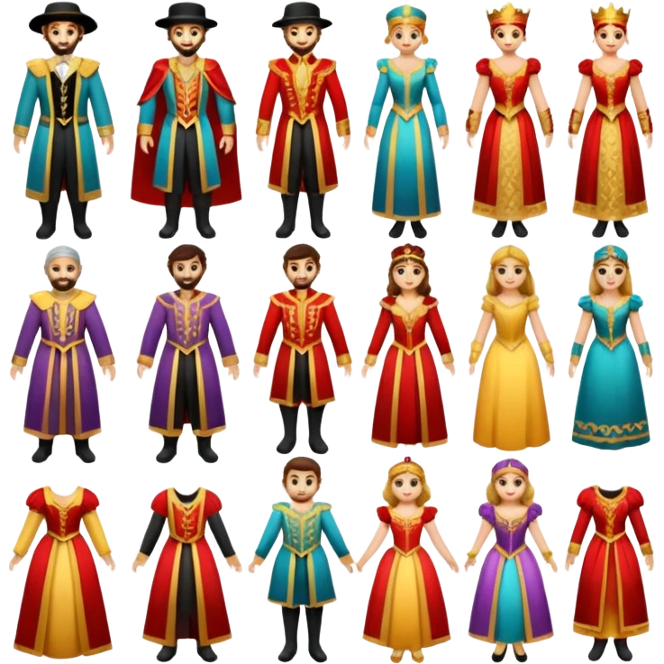 create a series of images for Theatre costumes Inventory showing a variety of costume styles without a person emoji