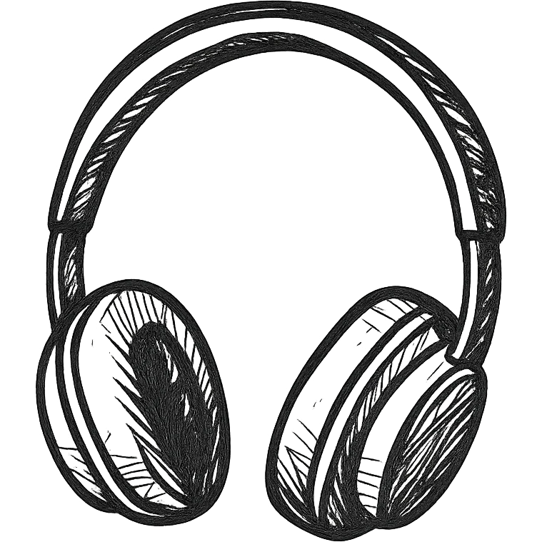 Full-size headphones, white fill, side view, hand drawn style, black outlines emoji