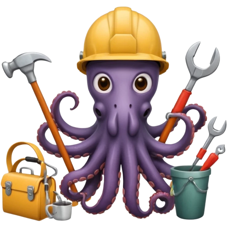 A tired worker wearing a helmet, depicted as an octopus with multiple tentacles holding various tools and items, including a hammer, a checklist with tasks, a wrench, a saw, and a coffee cup emoji