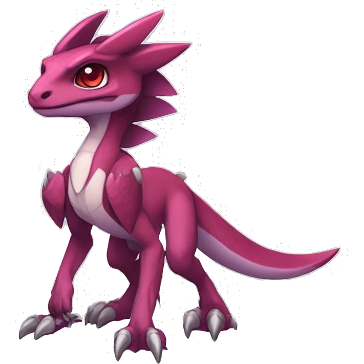 Chibi-Anthro Mauve-maroon-red-violet-colored edgy anthro-genesect-velociraptor-scalie-sona-Fakémon-hybrid with a mane on head and back and horns full body emoji