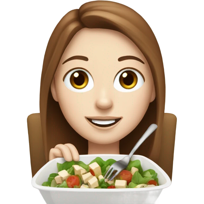 White girl Brown hair blue eyes freackles eating Tofu salad with fork emoji