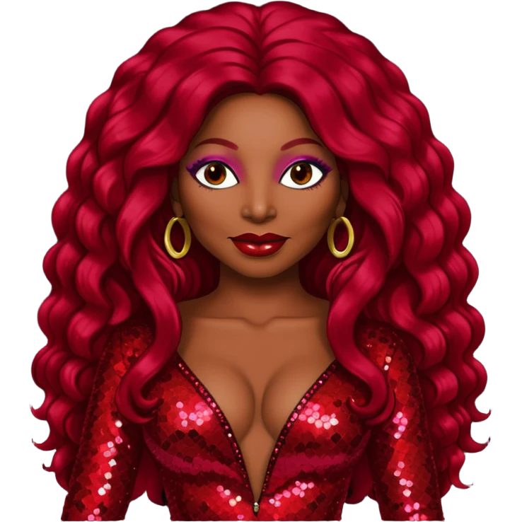 Chaka Khan with long dark red hair, red sequin outfit emoji