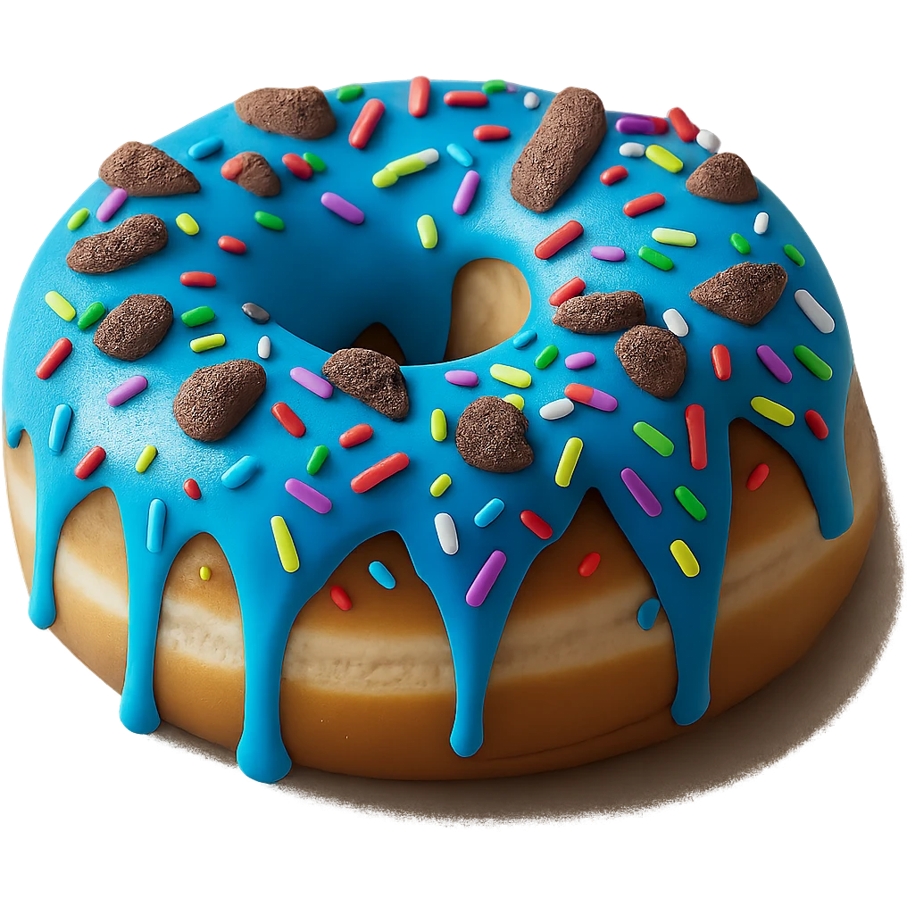 Add colorful rainbow sprinkles to the blue glazed donut, keep it realistic with soft lighting, transparent background. Maintain a photorealistic style with soft lighting and natural textures. emoji