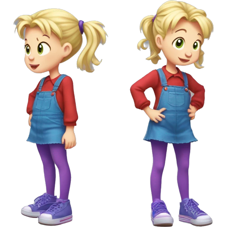 A little blonde girl with pigtails and little purple bows wearing a red long-sleeved shirt and purple overalls skirt with blue tights with green polka dots and purple sneakers, full body, rugrats emoji
