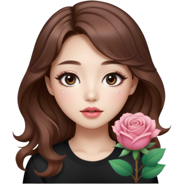 “korean brown hair Emoji girl, soft eyeliner, gradient rose lips, light brown shimmer eyeshadow, sparkly aegyo-sal, long wavy hair,  emoji