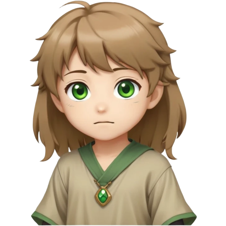 Young Rudeus Greyrat chibi, big green eyes, round face, messy light brown hair, wearing a tunic, cute and curious anime style emoji