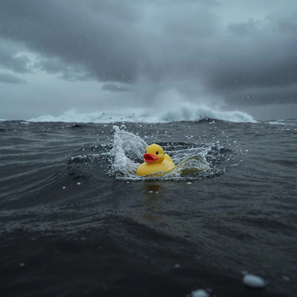 Extreme Closeup shot of Yellow duck toy on ocean during cloudy day, stormy sea, Camera from top, inspired by interstellar, shot by camera alexa 65, 35mm lens emoji