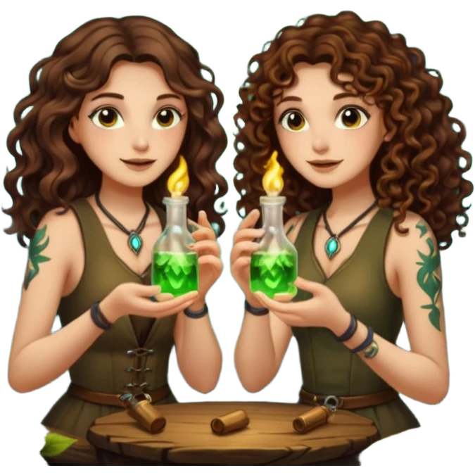 two forest alchemist women one long wavy brown hair tattoos one short tight curly brown hair clinking glowing vials emoji