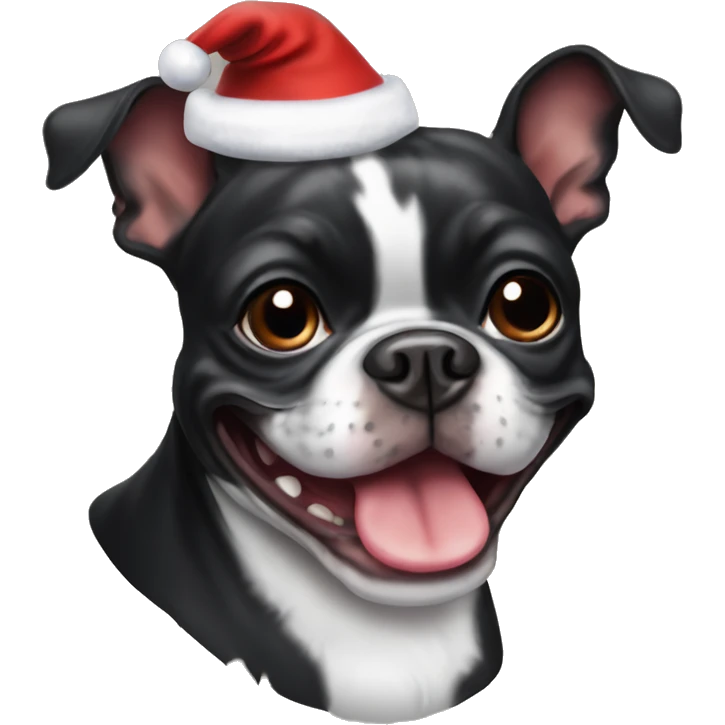 black and brindle boston terrier smiling wearing santa hat emoji