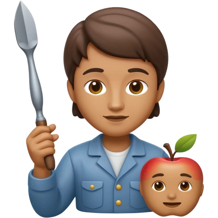 Apple Memoji-style 3D emoji of a sculptor with a small statue and chisel, smooth gradients, rounded edges, no background.during sculpting emoji