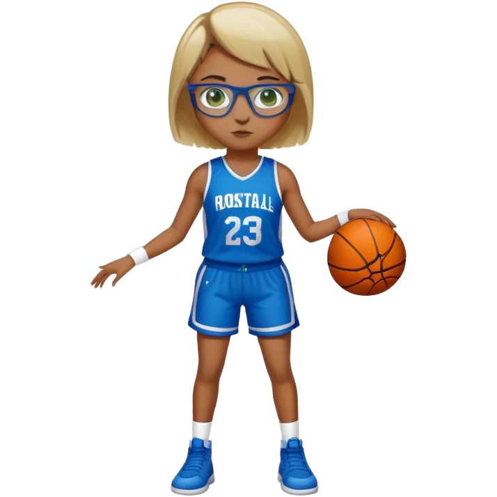 Full Body Girl with basketball real short brown hair with blond highlights wearing blue glasses with green eyes emoji