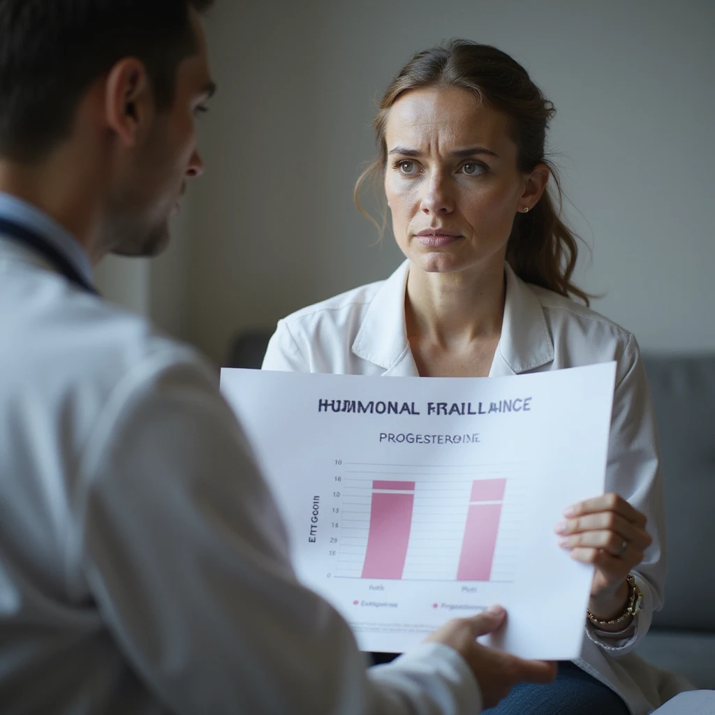 hyperrealistic 4K image of a woman with hormonal imbalance sitting in front of a doctor showing a chart with altered estrogen and progesterone levels, labels 'Estrogeni' and 'Progesterone' clearly visible, serious expression emoji