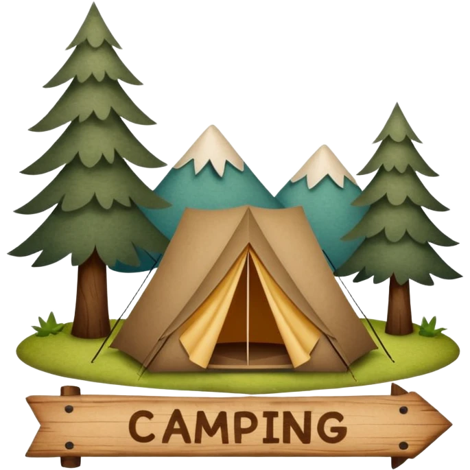 Wooden Camping sign made of felt texture, scrapbooking style, transparent background emoji