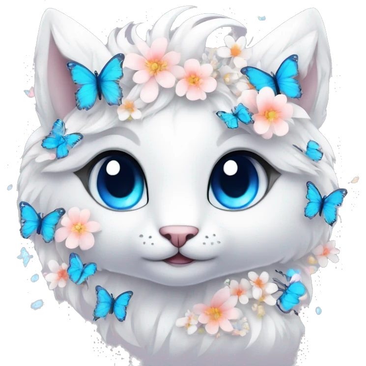 Edgy Cute Cool Kawaii gorgeous sparkly ethereal white fantasy animal with blue eyes sona with flowers and butterflies emoji