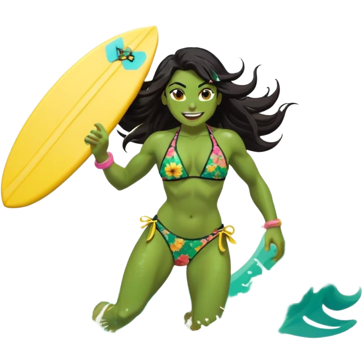 ork female holding small yellow bodyboard, running through shallow turquoise waves, muscular green body, bright floral bikini, fierce joyful grin showing tusks, long wet dark hair splashing, foam and spray, minimalist beach and ocean background, centered emoji, vibrant summer colors, sticker style emoji