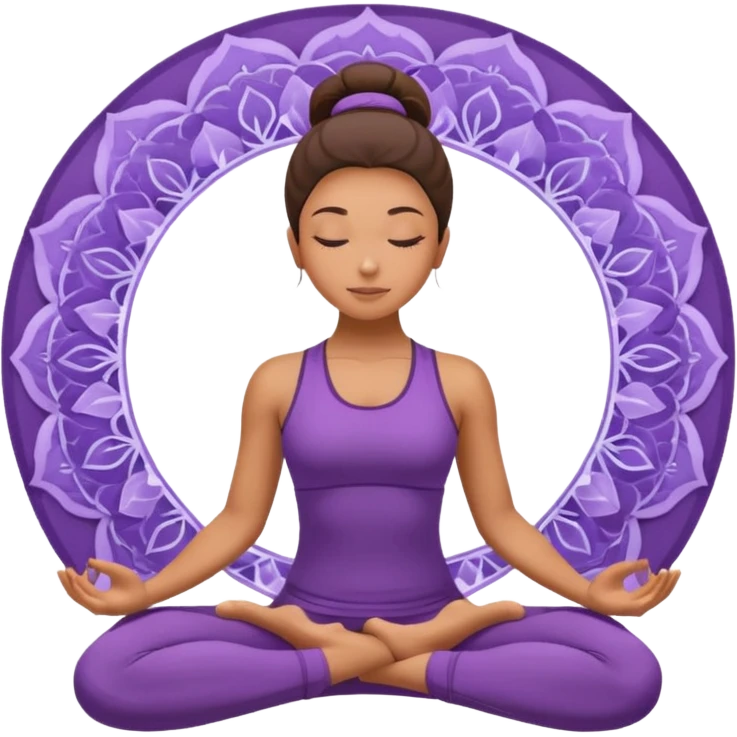 A woman in a purple yoga outfit resting in child’s pose, peaceful feeling, gentle mandala texture in background. emoji