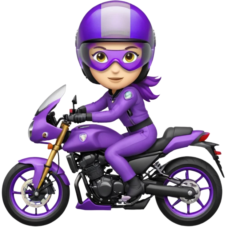 Créer un emoji avec une moto mt07 sport noir mate / violet iridescent très foncé, pare-brise de la moto violet. Avec une femme pilote dessus, visage masqué par la visière violette . Avec en arrière plan cercle violet. emoji
