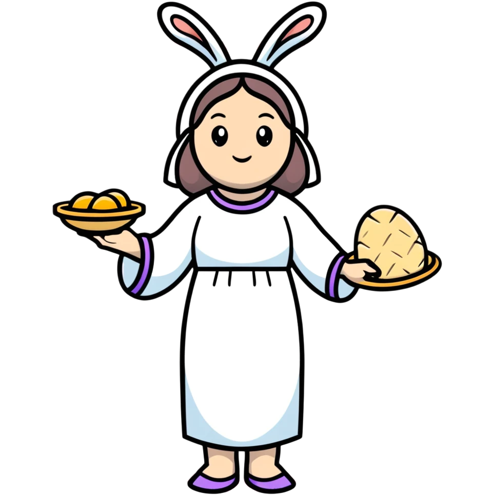 Feminine spring goddess Eostre with halo, Easter bunny, and Passover matzo symbols combined in one harmonious design emoji