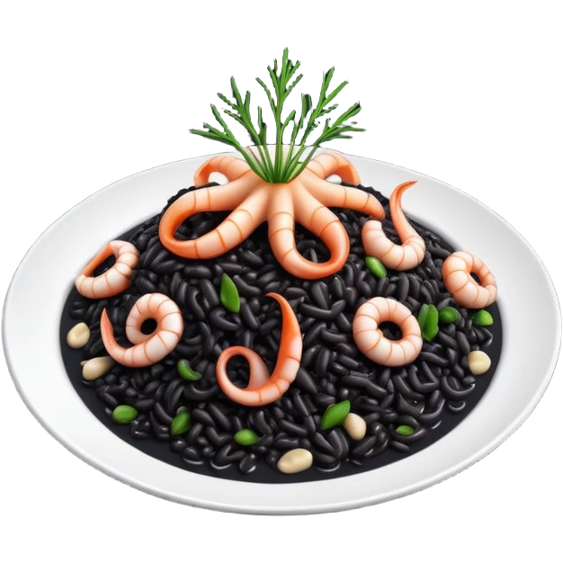 cinematic-realistic-black-risotto-dish-emoji,-showcasing-small squid pieces-rendered-with-bold-textures-and-dynamic,-dramatic-lighting. emoji