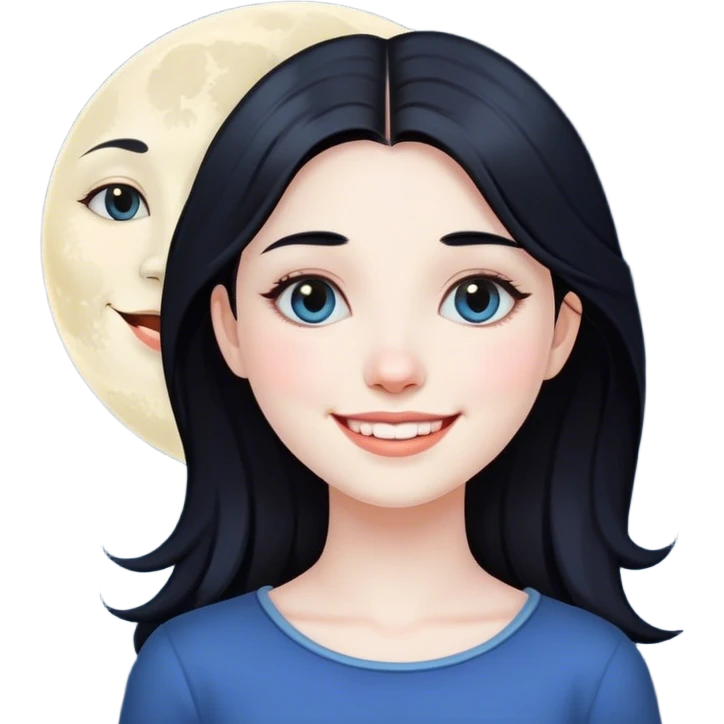smiling girl with black hair with moon as a face emoji