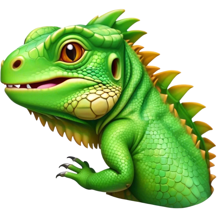Cinematic Realistic Cute Iguana Portrait Emoji, Head tilted playfully and inquisitively, featuring a compact, agile build with a glossy, intricately scaled body in vivid green hues and a characteristically expressive face with bright, curious amber eyes, rendered in lifelike detail with natural highlights, high shine, affectionate and lively, styled with a touch of tropical whimsy, soft glowing outline, capturing the essence of a mischievous yet lovable iguana that seems poised to scurry out of the screen into your arms! emoji