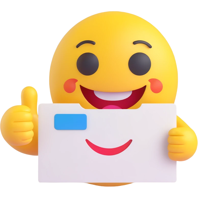 3D smiley emoji, round shape, grandmother holding a postcard, pink color, smiling face emoji