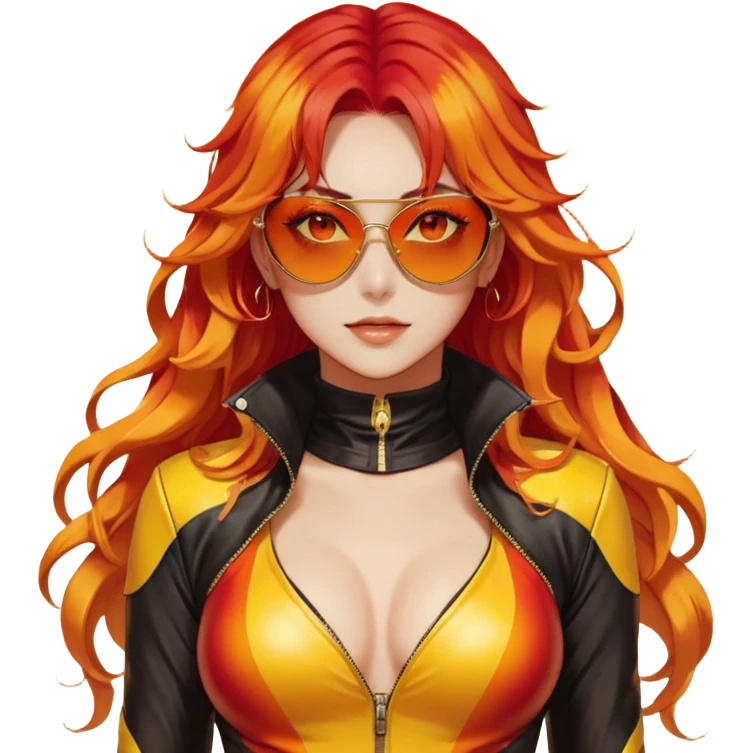 Beautiful gorgeous anime lady with beautiful fiery long warm-red-orange-yellow-gradient-wavy-special-hair, fashion aesthetic, slim red-tinted-sunglasses, accessories, gold jewelries, red-and-yellow sunny-pattern-eyes, black latex-suit, biker-woman, cool, badass, gold-sun-shaped-earrings emoji