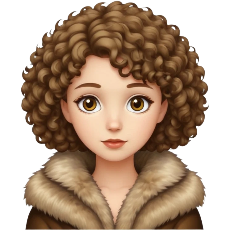 Caucasian girl with short curly hair and hazel eyes in fur coat  emoji