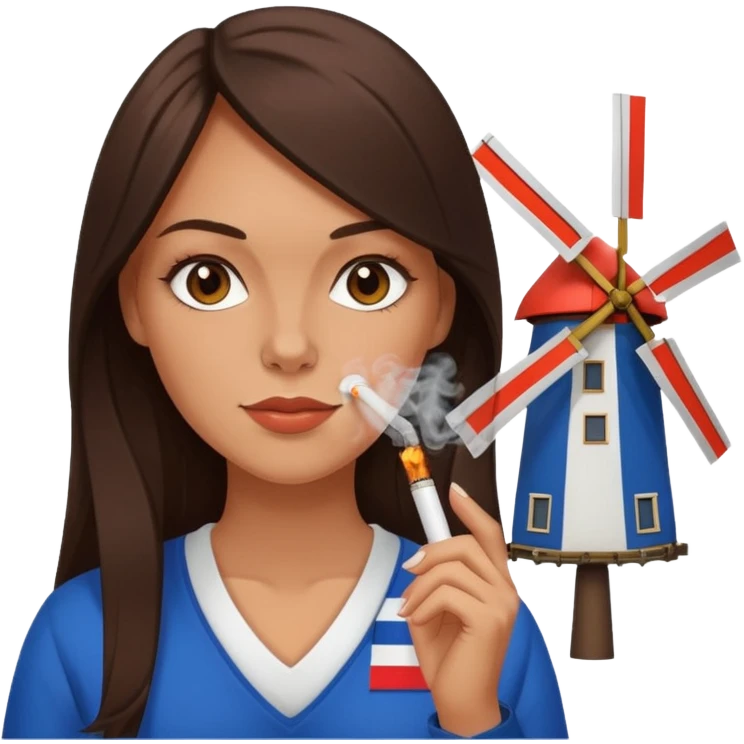 Windmill with on the top of the building a dutch flag and a white girl with long dark brown hair smoking a joint without filter. emoji