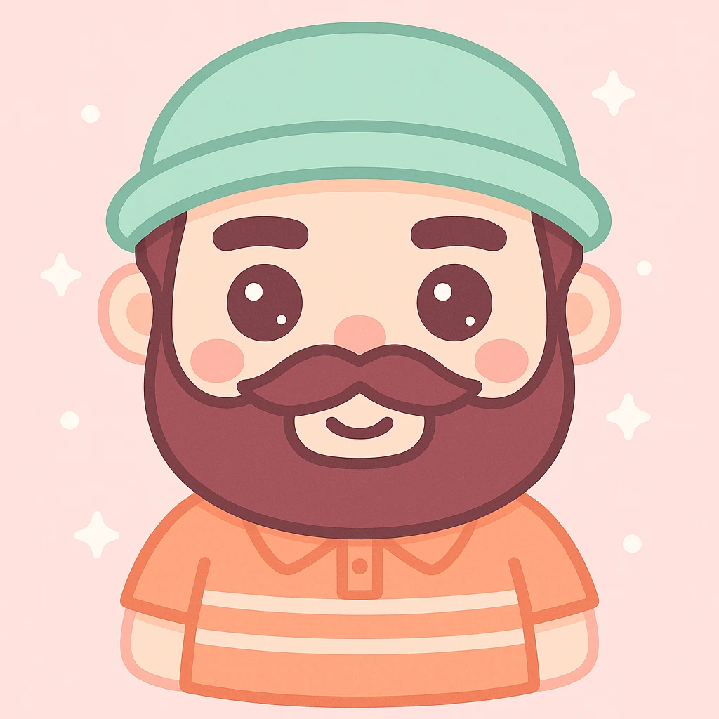 Make the character resemble the man in the reference photo more closely, focusing on facial features, eyebrows, beard and mustache shape, hat, and shirt details. Use a kawaii style that is cute and detailed. emoji