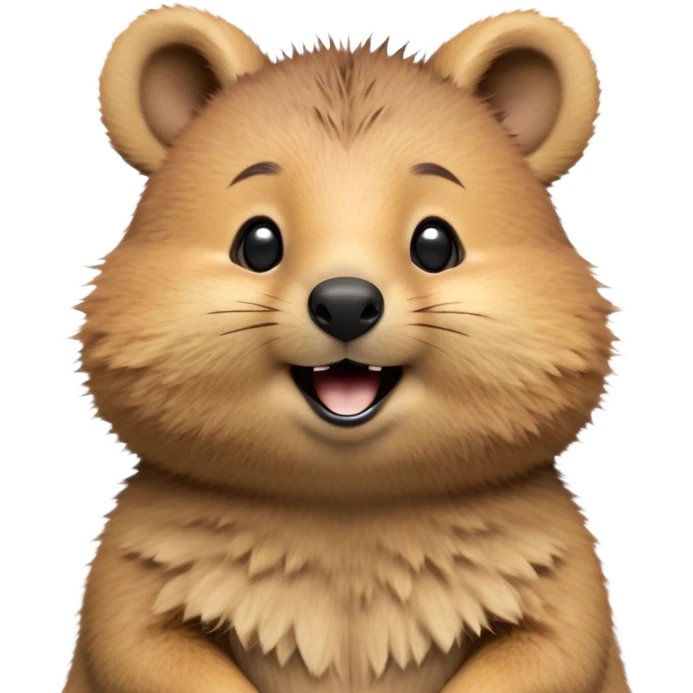 cinematic-realistic quokka-emoji,-small-round-frame, head tilted in an endearing manner, comical smile, round cheeks, giant-fluffy-cheeks-large-smile-fluffy-brown-fur-radiating-a-warm-softness,-big-round-eyes-filled-with-joy, realistic round  fluffy zoomed in, large black eyes one paw raised in the air emoji