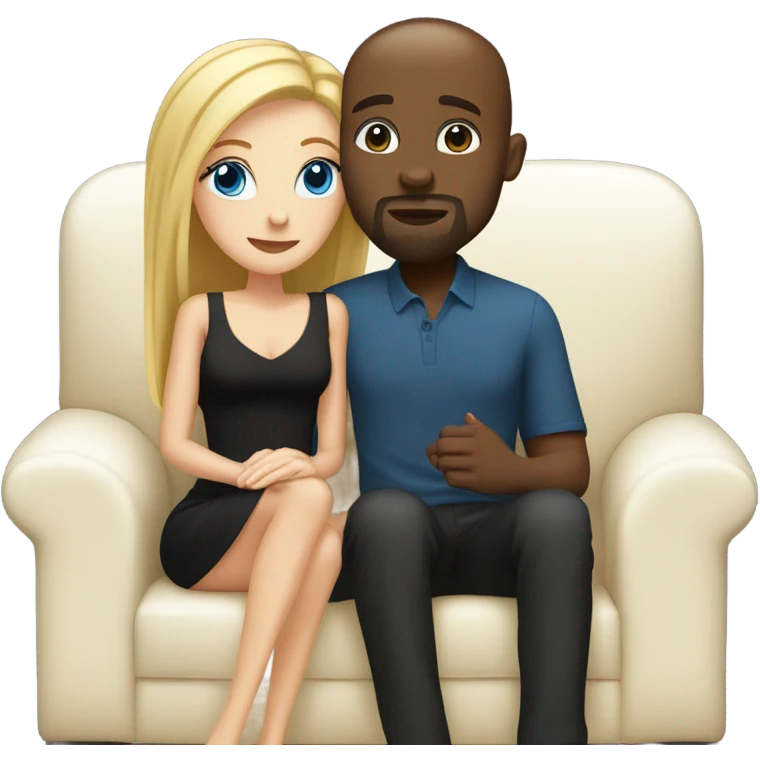 Blonde woman with blue eyes and long straight hair wearing a short black dress and a black man who is bald with a goatee seated together on a sofa enjoying a loving kiss.   emoji