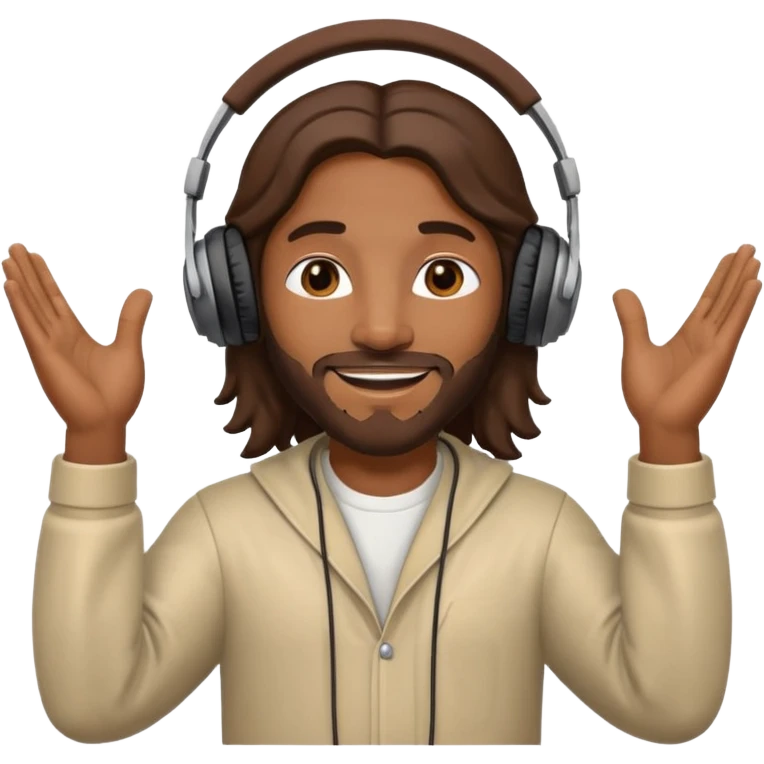 African American Jesus Christ wearing headphones listen to music with hands raised emoji
