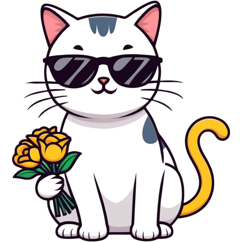 cat wearing sunglasses holding a bouquet of flowers emoji