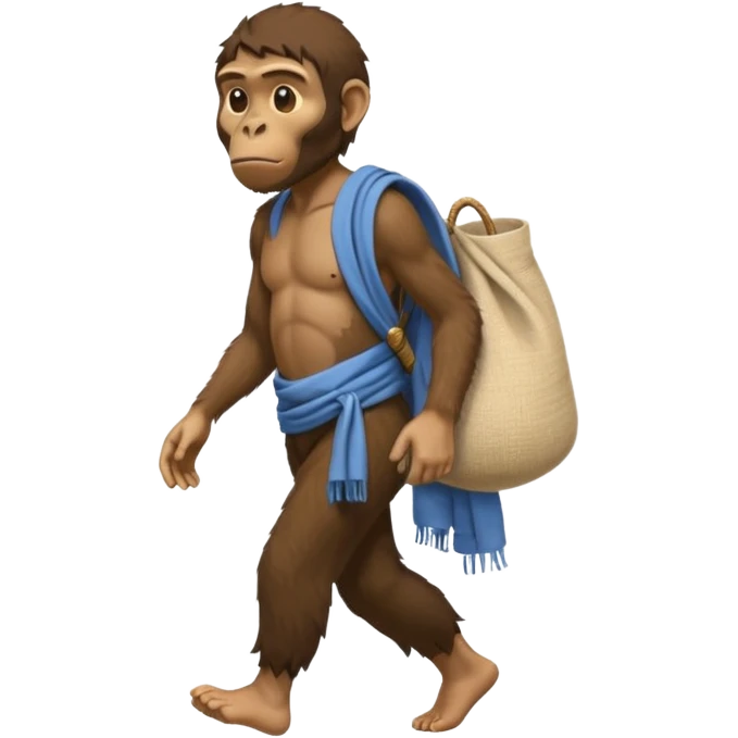 Draw an Australopithecus walking like a nomad, carrying a cloth bundle over its shoulder, in a cute flat iPhone emoji style emoji