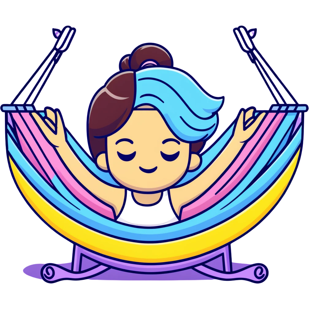 cartoon emoji of a witty girl with two-toned hair, strong outline, expressive face, pastel and vibrant accents, subtle Gemini accent, two-sided expression, hint of yoga hammock, stars, magical and humorous emoji