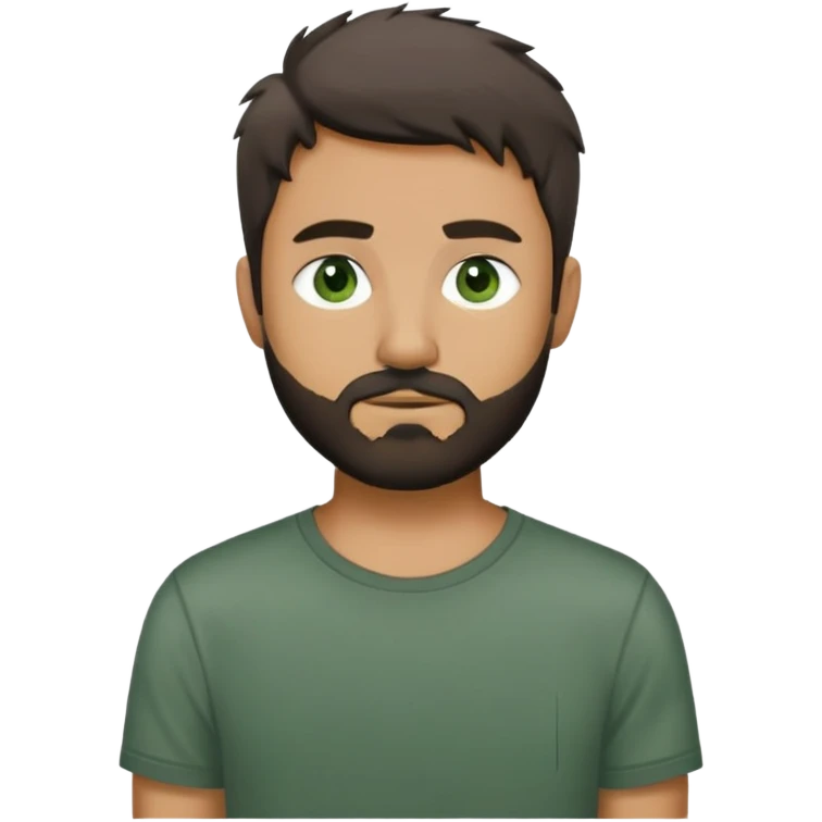 man with dark messy short hair, dark green eyes, gray T-shirt, and short beard emoji