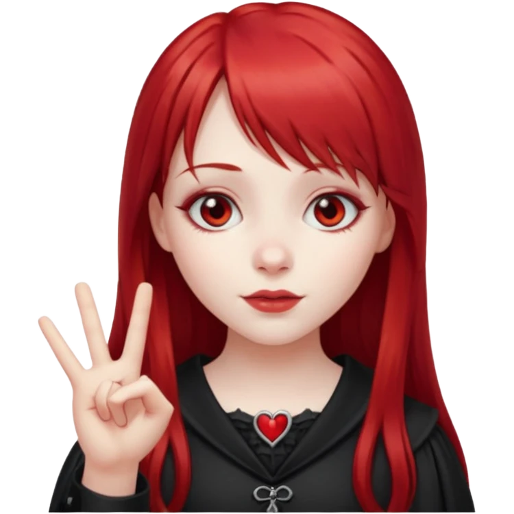 a gothic girl with long red hair and bangs holding a lucky sign emoji