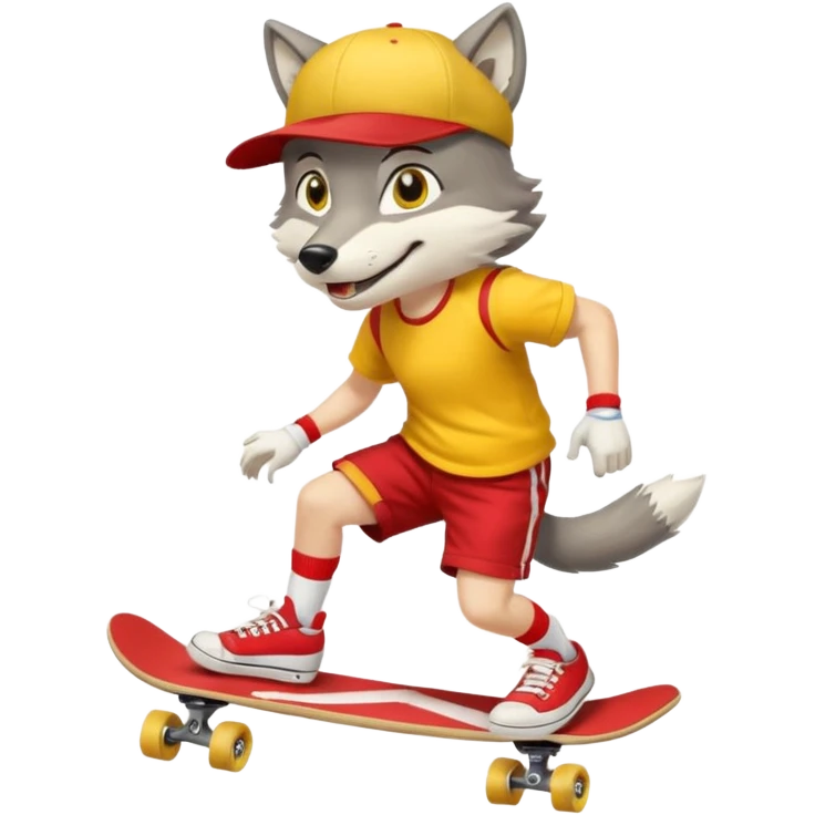 A gray wolf with large, expressive eyes and a friendly smile. The gray wolf is wearing a bright yellow T-shirt, red shorts, white knee socks, and sneakers. The baseball cap is on backwards. The wolf is preparing to perform a skateboarding trick. emoji