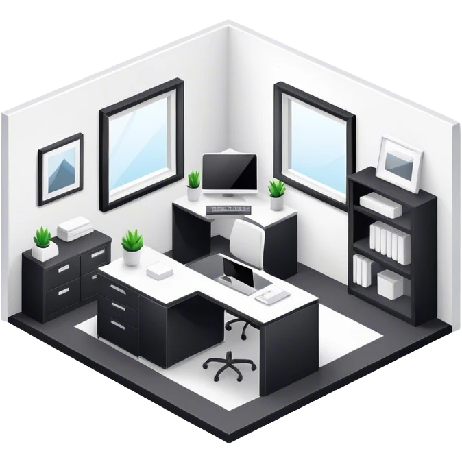 An isometric 3D room with two white walls that meet at the back left and right and a single Window. Black and White Home Office Room emoji