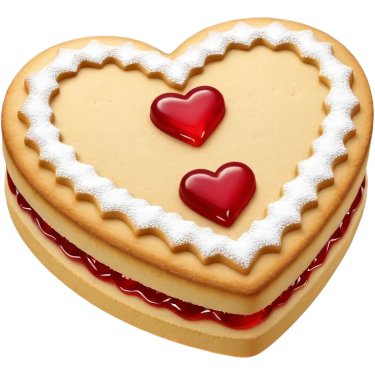 Realistic shortbread cookie in the shape of a heart with red jelly middle filling and sprinkled powder sugar on top. emoji