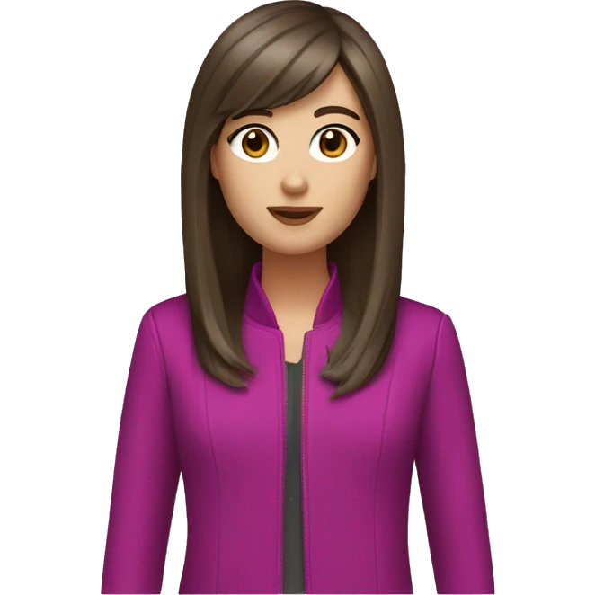 white girl with brown eyes, long straight dark brown hair, curtain bangs, and a magenta jacket emoji