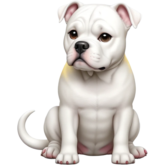cinematic-[solid white american bulldog]-realistic-full-body-sitting-emoji,-tail-resting-loosely-beside-its-paws,-head-tilted-dramatically,-sleek-[solid white]-fur,-simplified-yet-realistic-focused-features,-highly-detailed,-glowing-with-an-almost-sarcastic-glow emoji