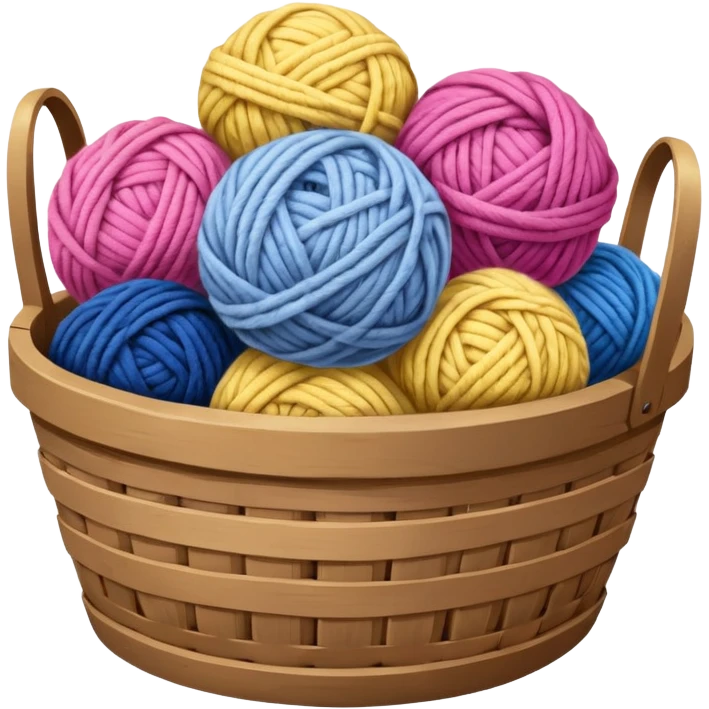 detailed, hyperrealism, still life beautiful ball of chunky pink, yellow, blue color wool, placed in realistic vintage wooden basket, with other types of wool, to knit a blanket. Transparent background  emoji