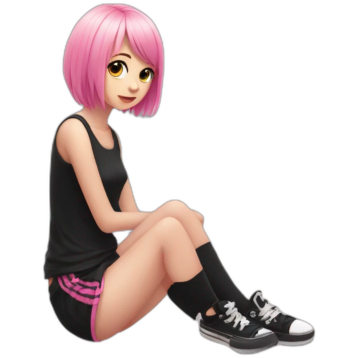 full body Front view emo girl sits on the floor black skirt pink knickers emoji