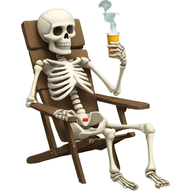 Skeleton sitting in a lawn chair with his legs crossed holding a cigarette in between his fingers emoji