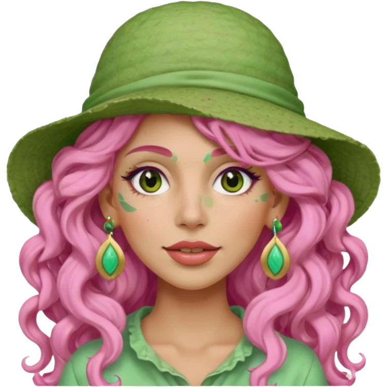 pink haired very long curly haired woman with full full face light green clay mask  and big earrings and hat with full face clay mask emoji