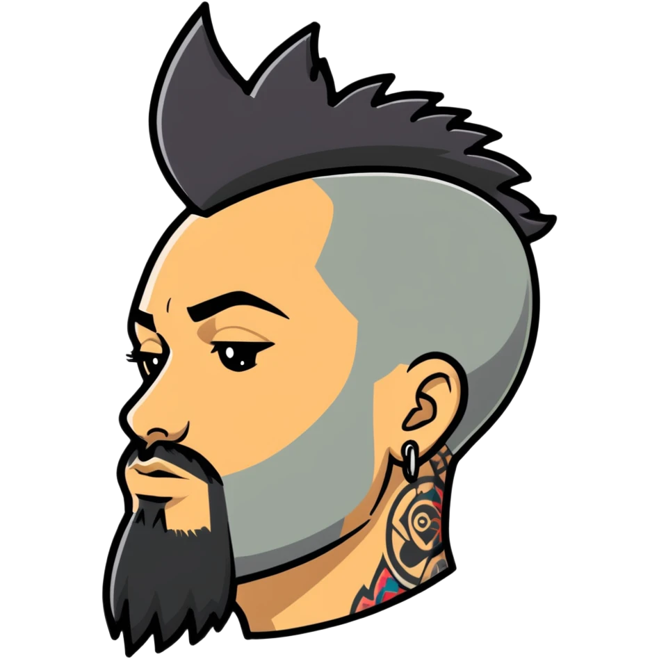 head of a white man with a goatee, mohawk, earring, and head tattoo emoji