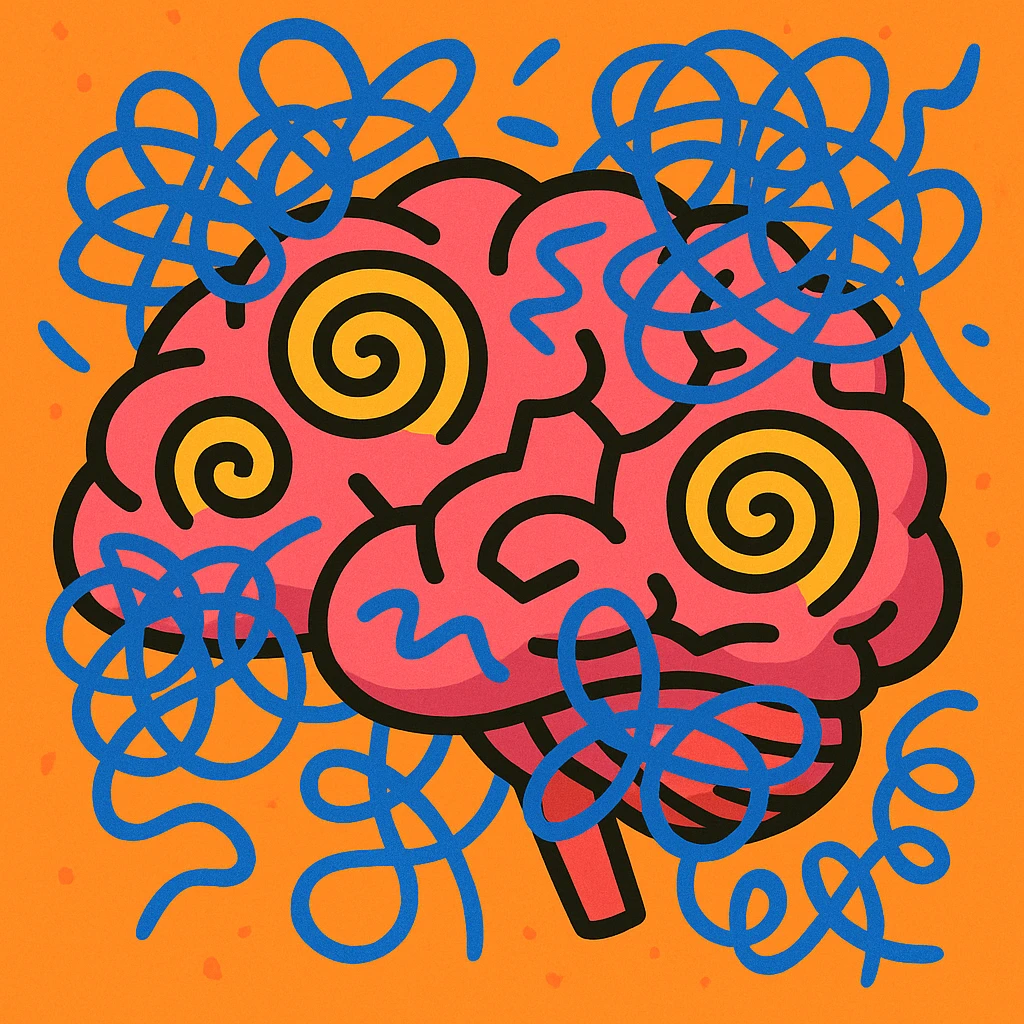 brain with spirals and chaotic lines, showing confusion and mental overload, brainrot theme emoji